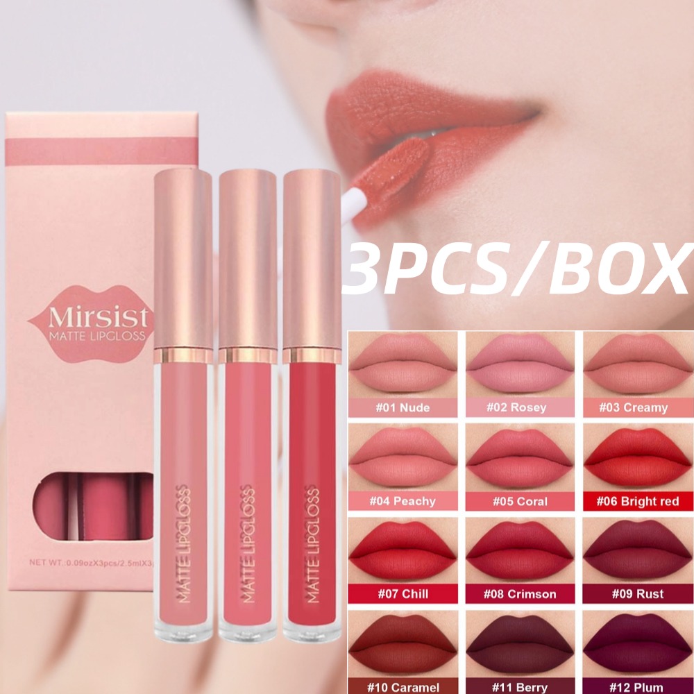 3 ピース/セットヌードリップグロスマットベルベット口紅防水 - Matte Velvet Lip Tint Long Lasting のレビューと価格